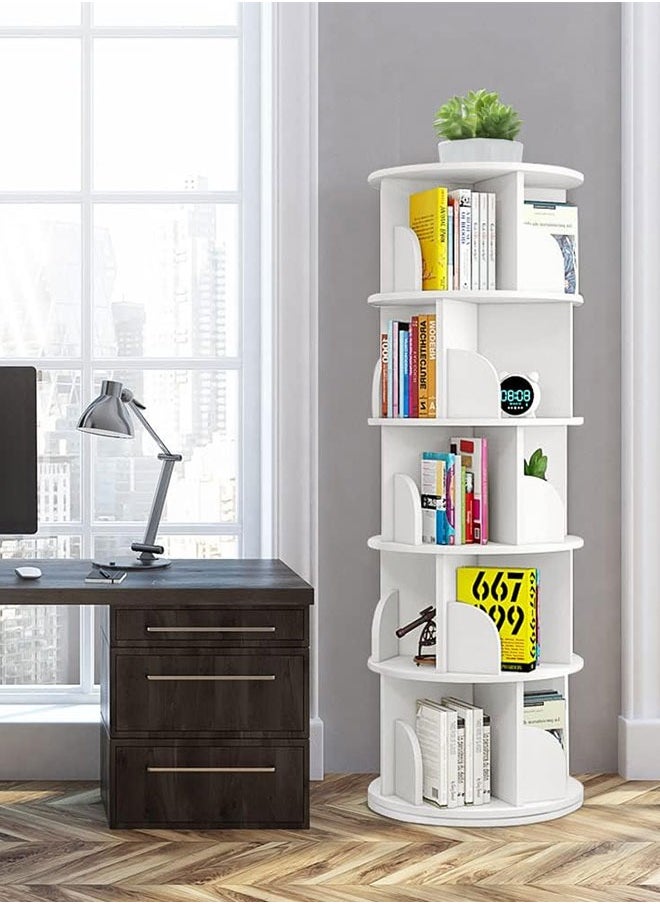 GoldenLike - Rotating Bookshelf,Small Corner Bookshelf for Small Space,360 Display Cabinet 5 Tier Floor Standing Bookcase Storage Rack,Wood Narrow Book Shelf Organizer for Bedroom,Living Room,White - Image 1