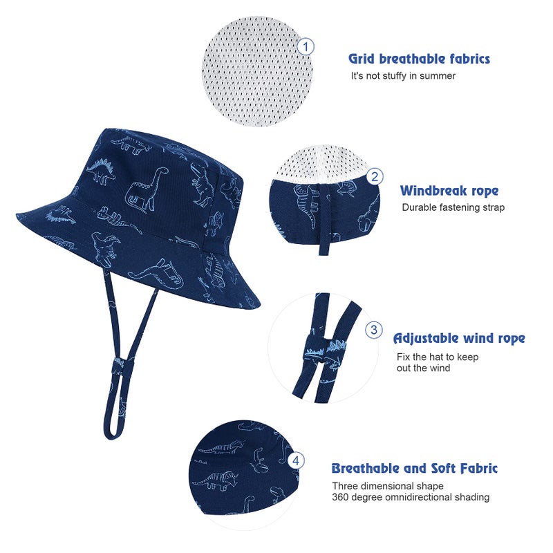 Durio Sun Hat Baby Toddler Infant Sun Hats Sun Protection Wide Brim Bucket Hat Cute Baby Boy Summer Beach Hat D Royal Bule Dinosaur 6-12 Months - Image 4