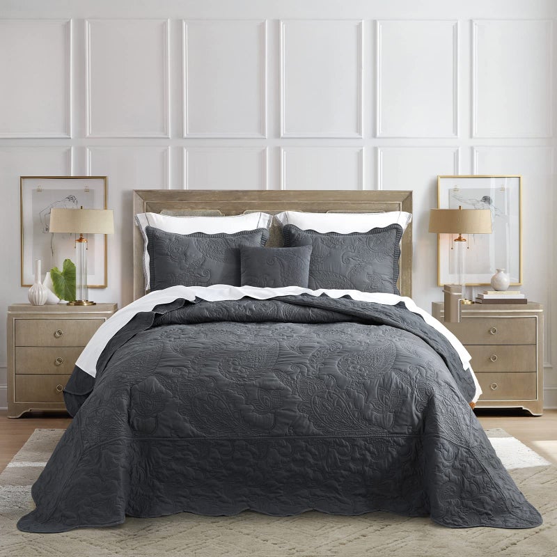 HZ & HY HZ  HY Oversized King Bedspread Quilted Coverlet Bedding Set Lightweight Thin Comforter Reversible Luxurious 5 Piece 100 Microfiber Dark Grey 