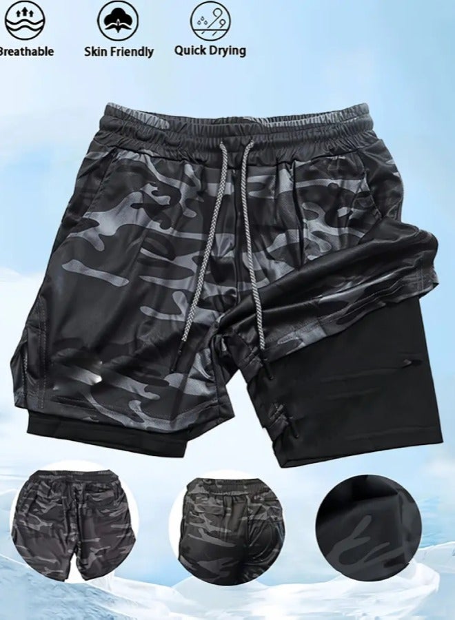 ارواق شورت رياضي رجالي سريع الجفاف مع جيوب - بوليستر ماص للرطوبة، خصر برباط، تصميم بطبعة حروف - مثالي للصالة الرياضية والجري والرياضات الخارجية، رمادي - Image 1