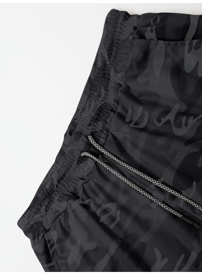 ارواق شورت رياضي رجالي سريع الجفاف مع جيوب - بوليستر ماص للرطوبة، خصر برباط، تصميم بطبعة حروف - مثالي للصالة الرياضية والجري والرياضات الخارجية، رمادي - Image 5