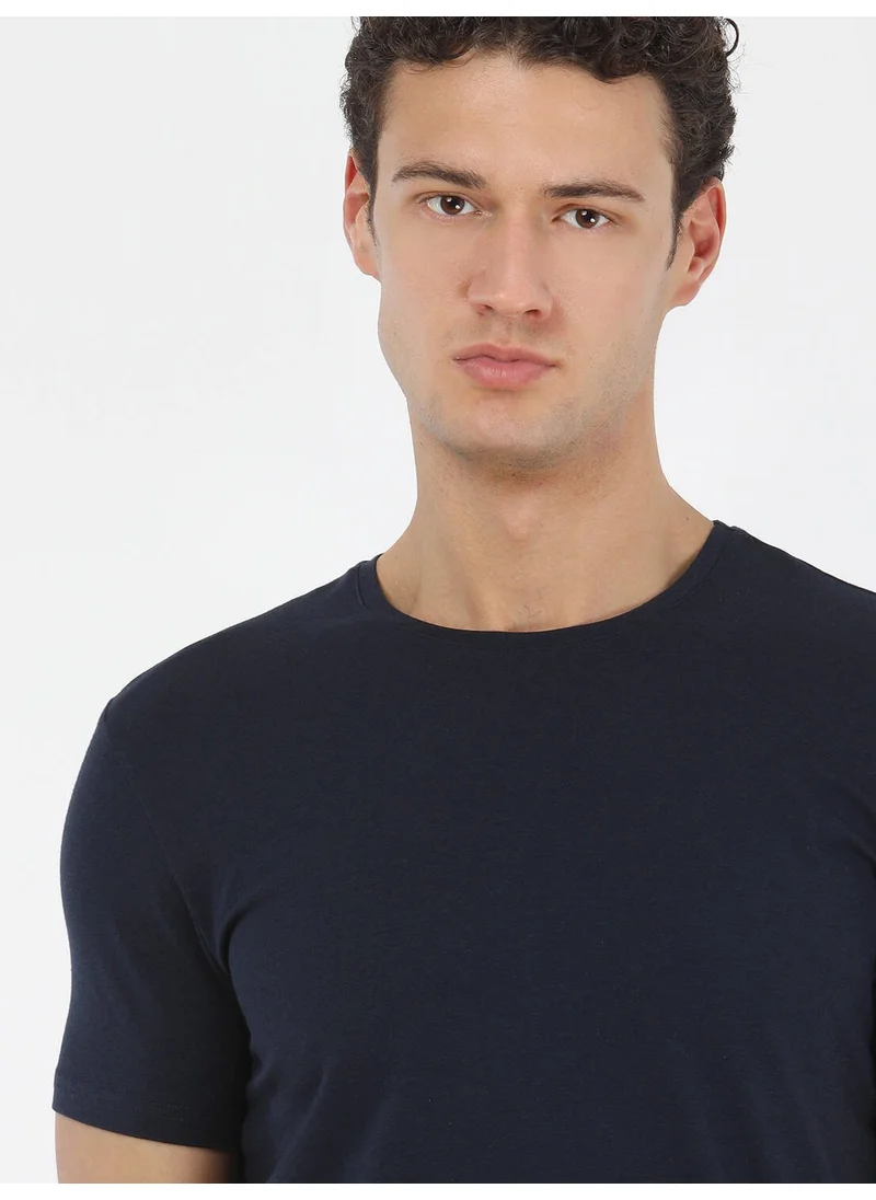 كيب Navy Blue Crew Neck Cotton Blend T-Shirt
