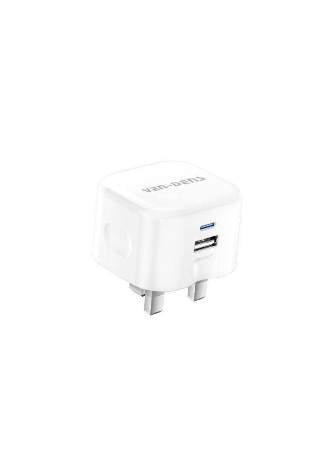 شاحن فين-دنس SP-TC78AC ثنائي المنافذ بقوة 20 واط لمقابس UK (أبيض) – منفذ USB-C بتقنية PD ومنفذ USB-A بتقنية QC3.0، يشحن آيفون من 0 إلى 65% خلال 30 دقيقة، هيكل مقاوم للحريق، مثالي للهواتف الذكية والأجهزة اللوحية والإيربودز