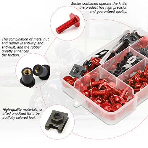 BELOMI Motorcycle Fairing Bolt Kit, 177pcs M5 M6 Motorcycle Windscreen Screws, Aluminum Fasteners Fairing Bolts Nut Clips Kit, Mounting Kits Washers Nuts Screws Assortment for Sport Bikes (Red) - Image 3