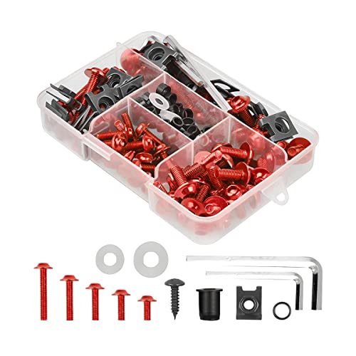 BELOMI Motorcycle Fairing Bolt Kit, 177pcs M5 M6 Motorcycle Windscreen Screws, Aluminum Fasteners Fairing Bolts Nut Clips Kit, Mounting Kits Washers Nuts Screws Assortment for Sport Bikes (Red) - Image 1