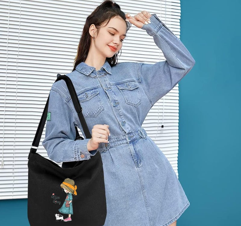 Lify Women's Retro Large Size Canvas Shoulder Bag Hobo Crossbody Handbag Casual Tote - 1 Piece (BLACK- VERY NICE) - Image 5