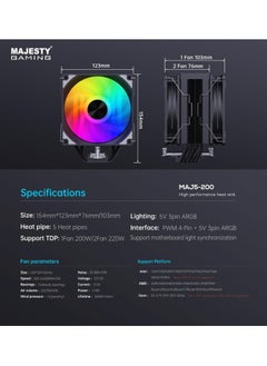 Majesty Majesty 200 TDP 5 Heat Pipes CPU Air Cooler, 120mm Fan, ARGB Lighting Synchronized with Motherboard, PWM 5V 4-pin CPU Cooler, Compatible with AMD Ryzen and Intel LGA Processors  - Image 3