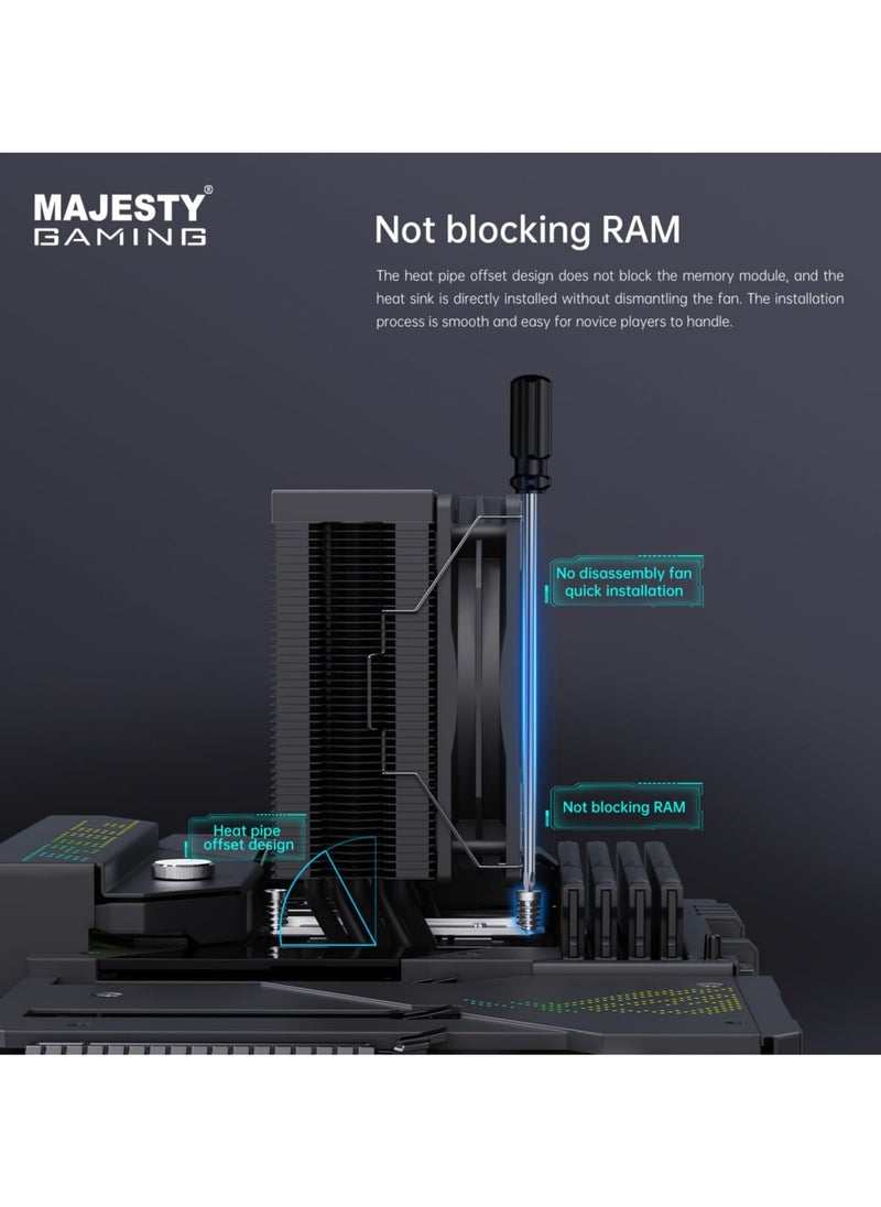 Majesty - Majesty 200 TDP 5 Heat Pipes CPU Air Cooler, 120mm Fan, ARGB Lighting Synchronized with Motherboard, PWM 5V 4-pin CPU Cooler, Compatible with AMD Ryzen and Intel LGA Processors - Image 1