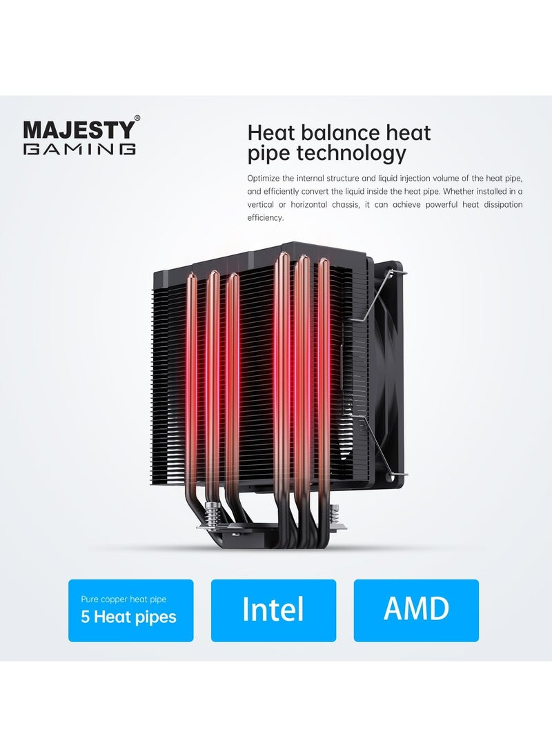 Majesty - Majesty 200 TDP 5 Heat Pipes CPU Air Cooler, 120mm Fan, ARGB Lighting Synchronized with Motherboard, PWM 5V 4-pin CPU Cooler, Compatible with AMD Ryzen and Intel LGA Processors - Image 1