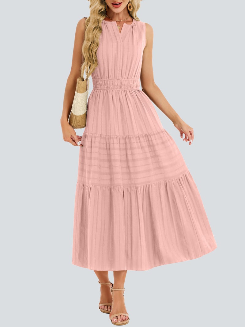 Funlingo Midi Dresses for Women Spring Pink Lightweight Elastic Waist V Neck Cocktail Dress Tiered Cotton Professional Dresses for Church Work Holidays Wedding S - Image 5
