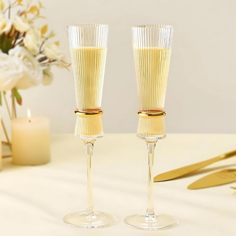 ProKitchen.Homes ProKitchen Ribbed Champagne Glasses with Gold Ring Set of 2 150 Ml 100 Lead Free Modern Crystal Champagne Glasses for Home Bar Wedding Restaurant - Image 1