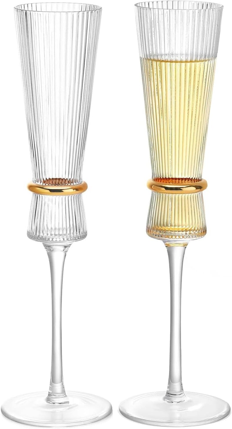 ProKitchen.Homes ProKitchen Ribbed Champagne Glasses with Gold Ring Set of 2 150 Ml 100 Lead Free Modern Crystal Champagne Glasses for Home Bar Wedding Restaurant - Image 3