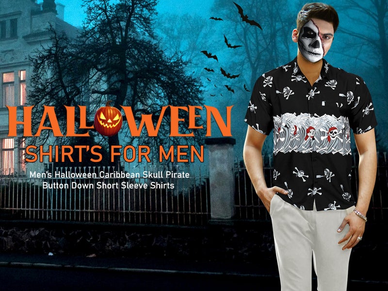 LA LEELA Men's Halloween Hawaiian Short Sleeve Button Up Beach Caribbean Shirt Fashion Pirate Cruise Shirts for Men XXL Skull Crossbones Black - Image 5