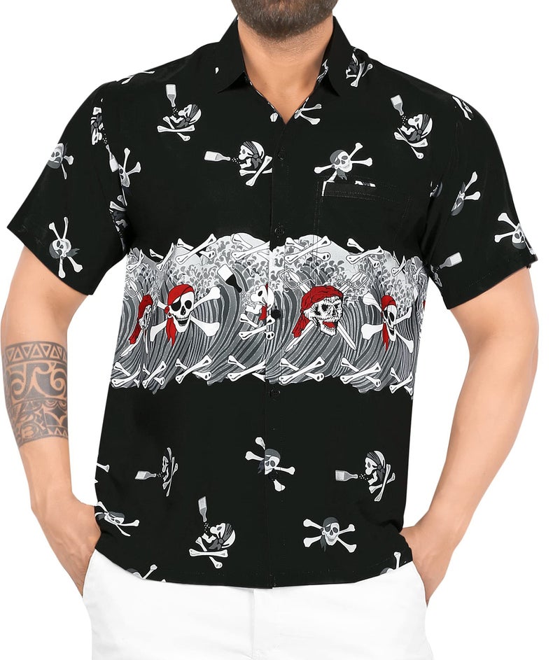 LA LEELA Men's Halloween Hawaiian Short Sleeve Button Up Beach Caribbean Shirt Fashion Pirate Cruise Shirts for Men XXL Skull Crossbones Black - Image 1