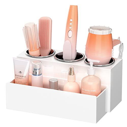NIUBEE Hair Tool Organizer, Acrylic Hair Dryer and Styling Holder, Bathroom Countertop Blow Dryer Organizer, Vanity Storage Stand for Accessories, Makeup, Toiletries (White) - Image 1