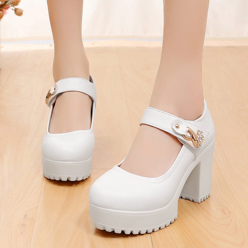 Round Toe Shallow Mouth 8cm High Heels Platform Thick Bottom Cheongsam Shoes Model Show Shoes Magic Sticky Thick Heel Women's Single Shoes - Image 3