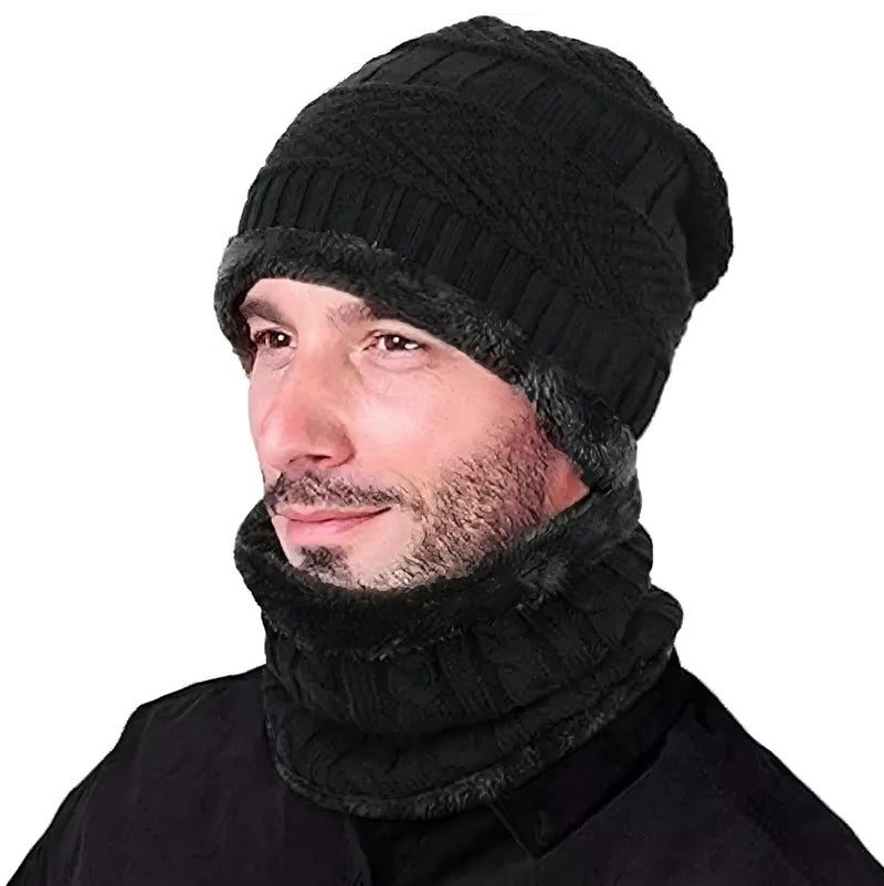 HACER Camping Knit Beanie Neck Warmer & Gloves Set Thick Fleece Lining Winter Knitted Hat Scarf Woollen Mittens for Men Women Outdoor Travel Hiking (Pack of 1, Random Color) - Image 3
