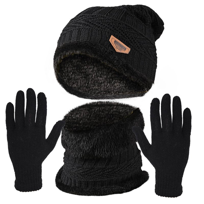 HACER Camping Knit Beanie Neck Warmer & Gloves Set Thick Fleece Lining Winter Knitted Hat Scarf Woollen Mittens for Men Women Outdoor Travel Hiking (Pack of 1, Random Color) - Image 1