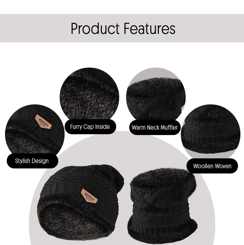 HACER Camping Knit Beanie Neck Warmer & Gloves Set Thick Fleece Lining Winter Knitted Hat Scarf Woollen Mittens for Men Women Outdoor Travel Hiking (Pack of 1, Random Color) - Image 4