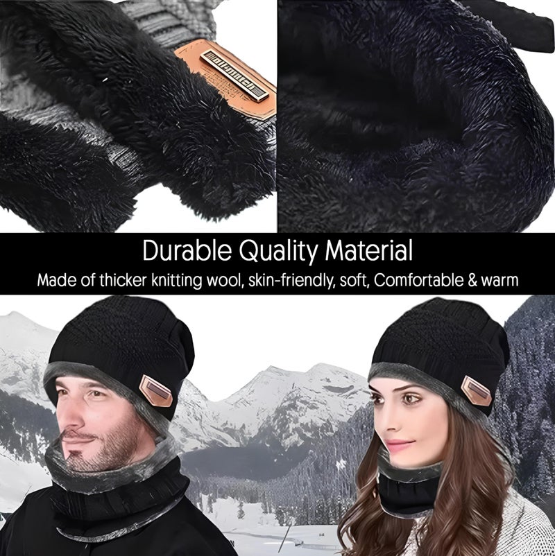 HACER Camping Knit Beanie Neck Warmer & Gloves Set Thick Fleece Lining Winter Knitted Hat Scarf Woollen Mittens for Men Women Outdoor Travel Hiking (Pack of 1, Random Color) - Image 2