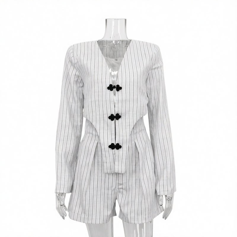 Women's Long Sleeve V-Neck Top and High-Waist Shorts Striped Co-ord Set - Image 4