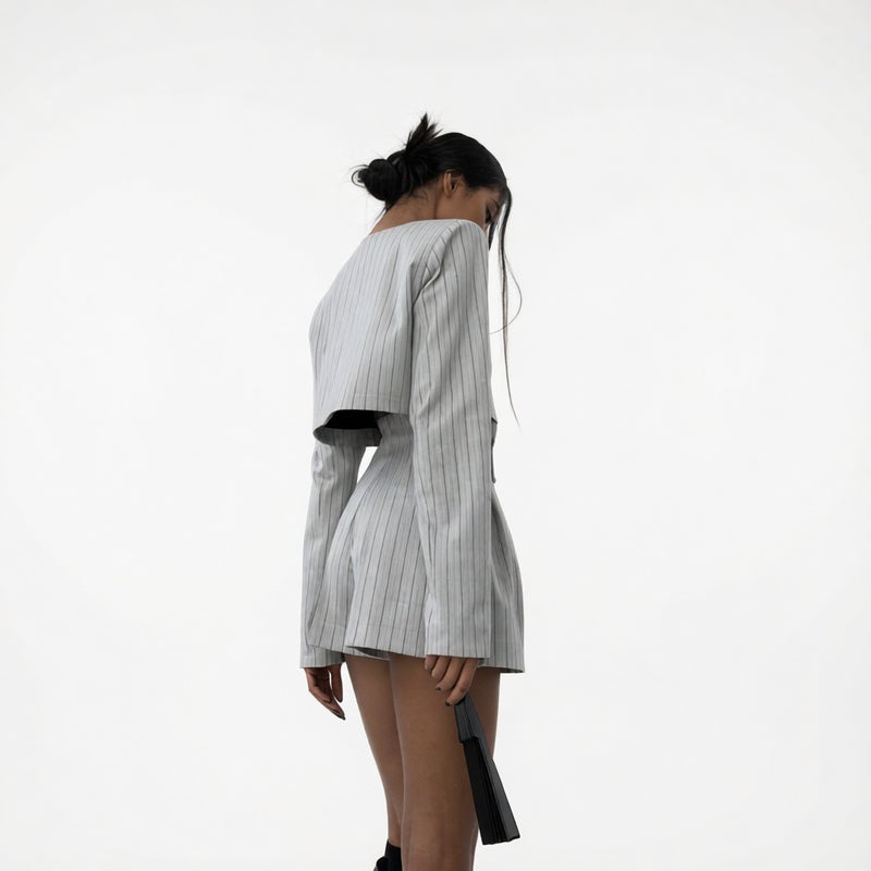 Women's Long Sleeve V-Neck Top and High-Waist Shorts Striped Co-ord Set - Image 3