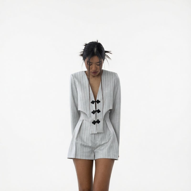 Women's Long Sleeve V-Neck Top and High-Waist Shorts Striped Co-ord Set - Image 2