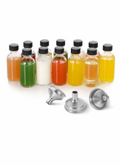 2 Oz Transparent Small Glass Bottle with Lid, 3 Stainless Steel Funnels, Boston Round Sample Bottle, Mini Travel for Juice, Ginger Oil, Liquid, No Leakage (6 PCS, 60 ML)