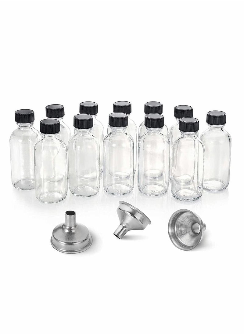 Y&D - 2 Oz Transparent Small Glass Bottle with Lid, 3 Stainless Steel Funnels, Boston Round Sample Bottle, Mini Travel for Juice, Ginger Oil, Liquid, No Leakage (6 PCS, 60 ML) - Image 1