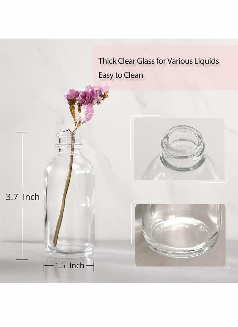 Y&D - 2 Oz Transparent Small Glass Bottle with Lid, 3 Stainless Steel Funnels, Boston Round Sample Bottle, Mini Travel for Juice, Ginger Oil, Liquid, No Leakage (6 PCS, 60 ML) - Image 1