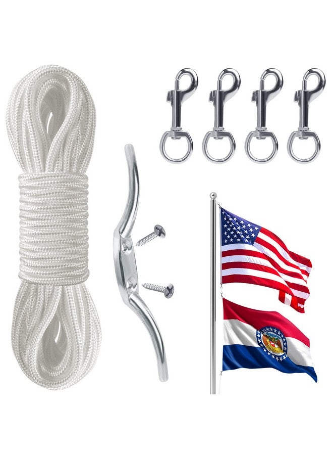 PAMASE Flag Rope and Clips Kit - 50ft Flag Pole Rope Halyard with Cleat Hook & 4 Pcs Swivel Snap Clips for Flagpoles Up to 25ft, Outdoor Porch Flagpoles Repair Replacement Parts Accessories  - Image 1