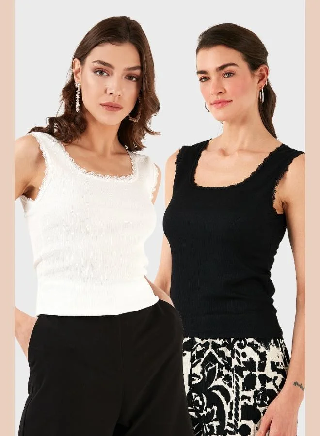 Lela Lela Slim Fit Thick Lace Square Neck Crepe 2-Pack Undershirt Women's Undershirt 5864979S2