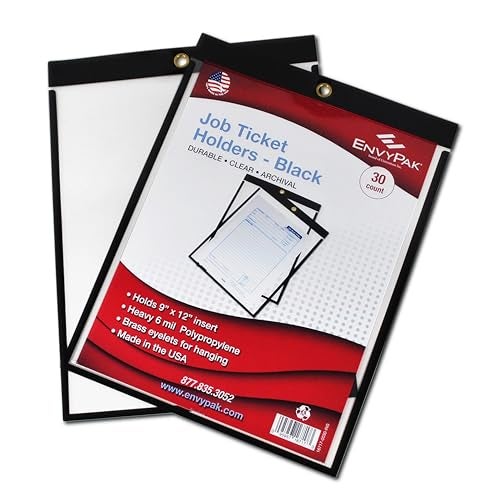 EnvyPak Job Ticket Holders - 9"x12" - Pack of 30 (Black) Top-Loading with Eyelet for Hanging - Image 1