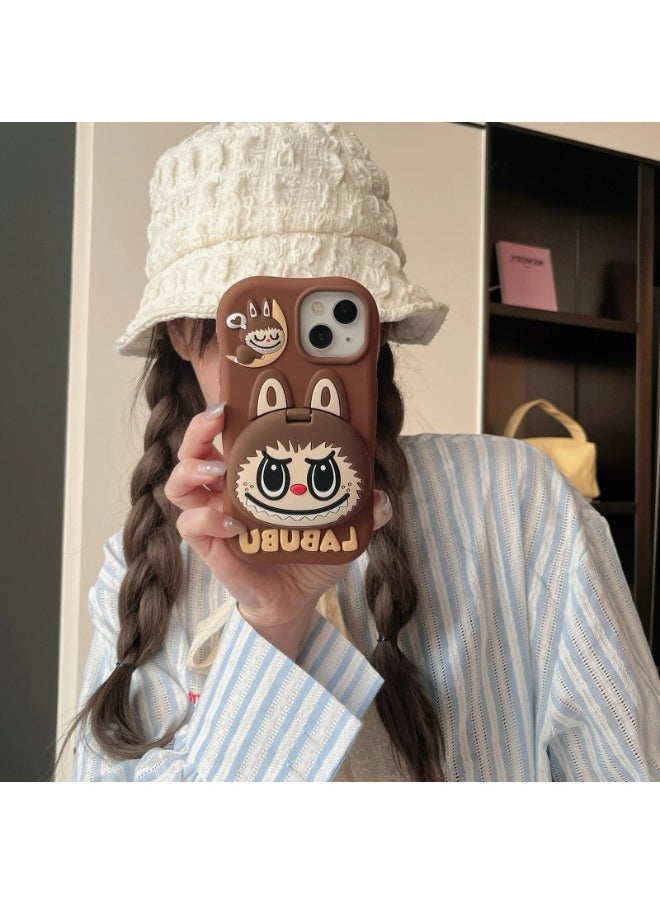 Labubu Case for iPhone 15 Pro Max, Flip Mirror Stand Holder Cute Cartoon Cover for iPhone 15 Pro Max Shockproof Stylish Protective Case for iPhone 15 Pro Max