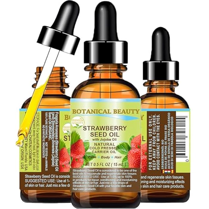 Botanical Beauty STRAWBERRY SEED OIL 100% Pure Natural Moisturizer. Cold Pressed Carrier oil. 0.5 Fl.oz.- 15 ml. For Face, Skin, Hair, Lip, Nails. Rich in Omega-3, Vitamin C, Vitamin E - Image 1