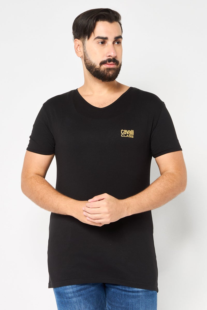 Cavalli Class Men V Neck Short Sleeve Brand Logo T-Shirt, Black - Image 1