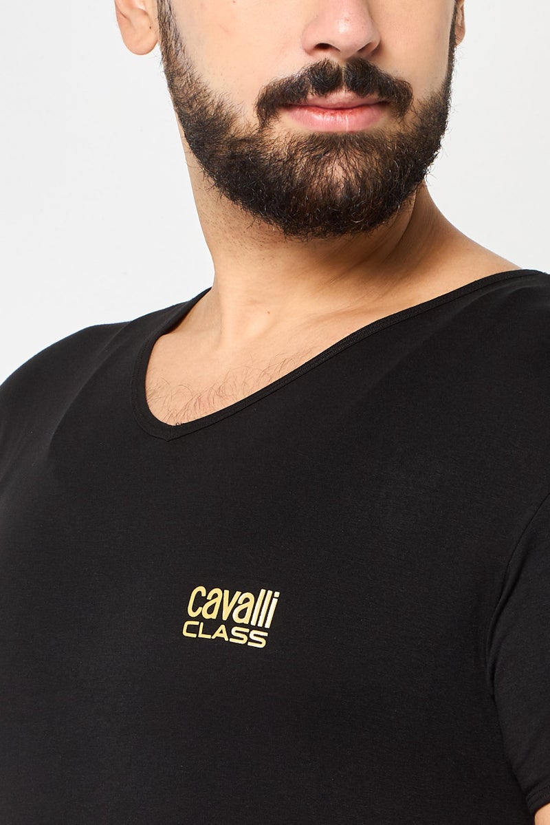 Cavalli Class Men V Neck Short Sleeve Brand Logo T-Shirt, Black - Image 3