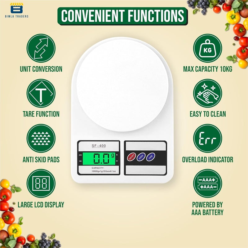 Btag Digital Kitchen Food Weighing Scale For Healthy Living, Home Baking, Cooking, Fitness & Balanced Diet. | Weighing Scale With Digital Display SF 400 10Kg x 1gms (SF_400_WHT) - Image 4