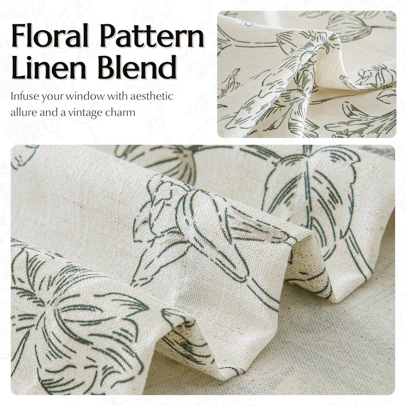 BILEEHOME Green Floral Pleated Curtains 90 Inch Length for Living Room Dining Bedroom Light Filtering Pinch Pleat Back Tab Olive Green Flower Patterned Linen Curtains French Country Shabby Chic Floral Drapes - Image 3