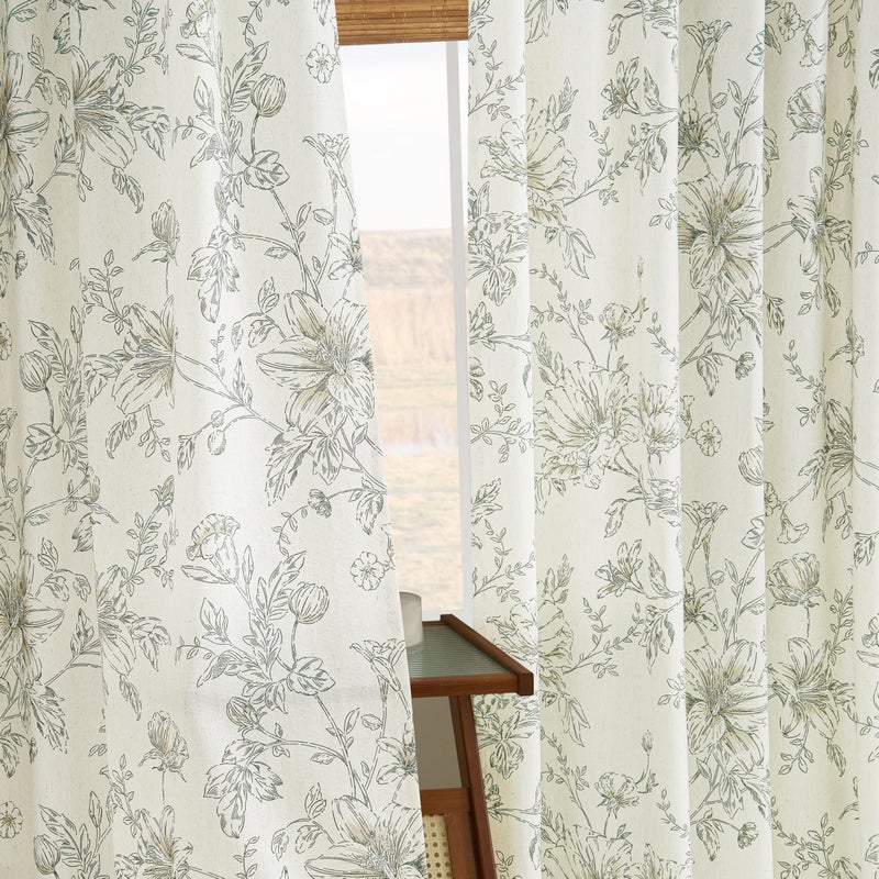 BILEEHOME Green Floral Pleated Curtains 90 Inch Length for Living Room Dining Bedroom Light Filtering Pinch Pleat Back Tab Olive Green Flower Patterned Linen Curtains French Country Shabby Chic Floral Drapes - Image 2