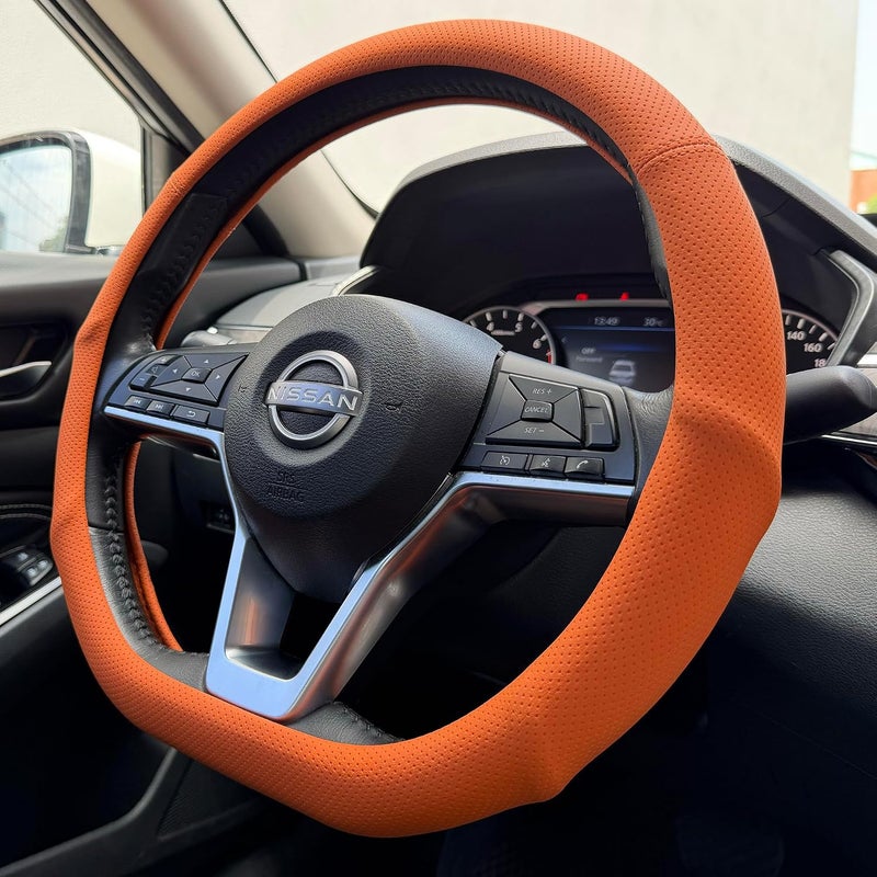 PINCTROT D Shaped Nappa Leather Steering Wheel Cover with Ergonomic Palm Support Grip, Full Perforated Breathable, Slim Fit No Bulk Design, Flat Bottom 14.5-15 Inch (Hot Orange) - Image 1