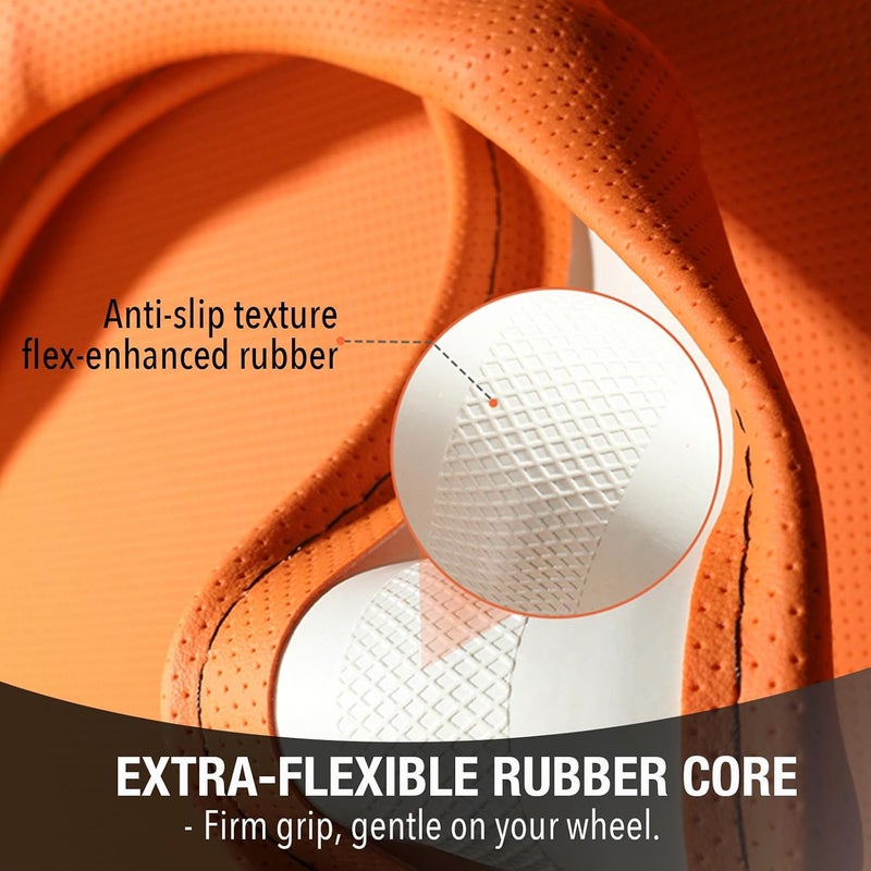 PINCTROT D Shaped Nappa Leather Steering Wheel Cover with Ergonomic Palm Support Grip, Full Perforated Breathable, Slim Fit No Bulk Design, Flat Bottom 14.5-15 Inch (Hot Orange) - Image 5