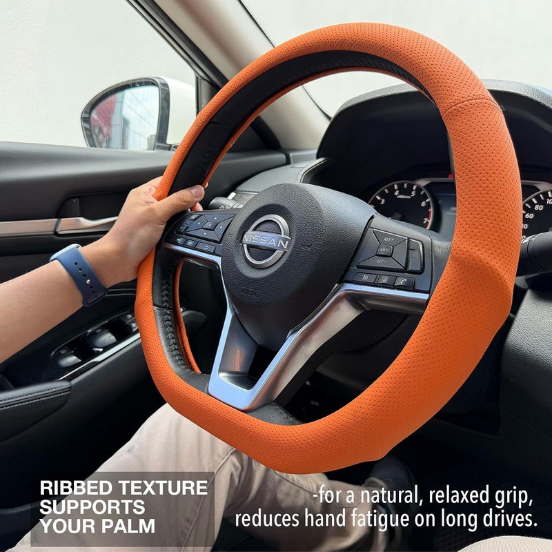 PINCTROT D Shaped Nappa Leather Steering Wheel Cover with Ergonomic Palm Support Grip, Full Perforated Breathable, Slim Fit No Bulk Design, Flat Bottom 14.5-15 Inch (Hot Orange) - Image 2