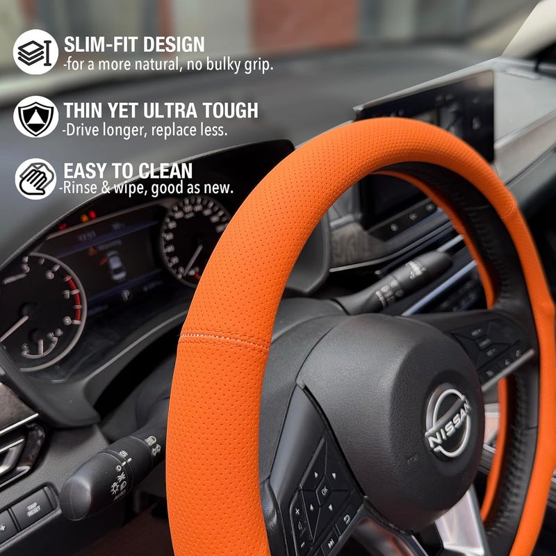 PINCTROT D Shaped Nappa Leather Steering Wheel Cover with Ergonomic Palm Support Grip, Full Perforated Breathable, Slim Fit No Bulk Design, Flat Bottom 14.5-15 Inch (Hot Orange) - Image 3