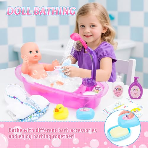deAO Baby Doll Set,13 Inch Bath Time Baby Doll Playset with Working Shower Spray and Accessories for Kids,Baby Doll and Accessories with Bath Set, Great Pretend Play Toys for Girls - Image 3
