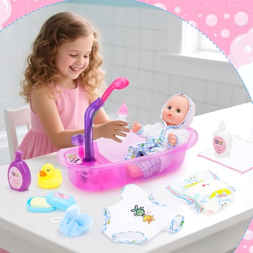 deAO Baby Doll Set,13 Inch Bath Time Baby Doll Playset with Working Shower Spray and Accessories for Kids,Baby Doll and Accessories with Bath Set, Great Pretend Play Toys for Girls - Image 2