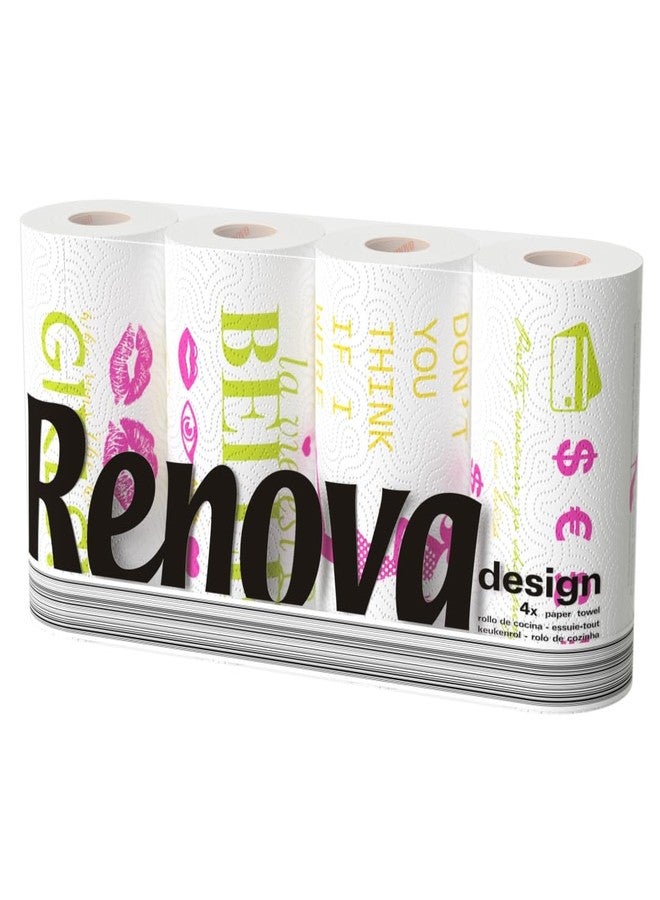 Renova Paper Strong And Absorbent Kitchen Roll Designer - 2 Ply 4 Rolls - White Printed - Image 1