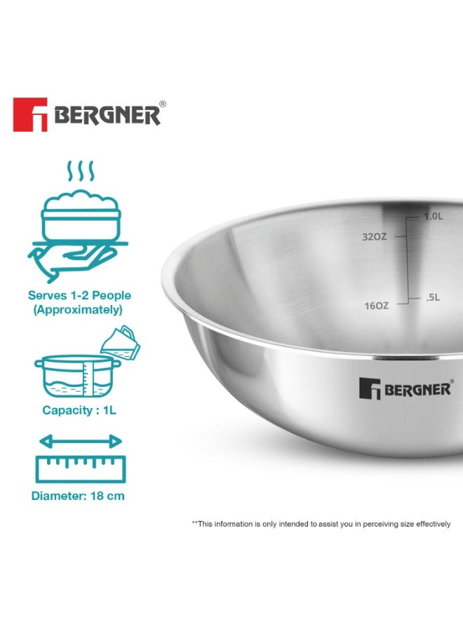 BERGNER Argent TriPly Stainless Steel 3 Pcs Tasra Set - 16cm (900ml), 18cm (1L) and 22cm (2.25L), Consumes Less Oil, Healthy Cooking, Faster and Even Heat Distribution - Induction and Gas Stove Ready - Image 3