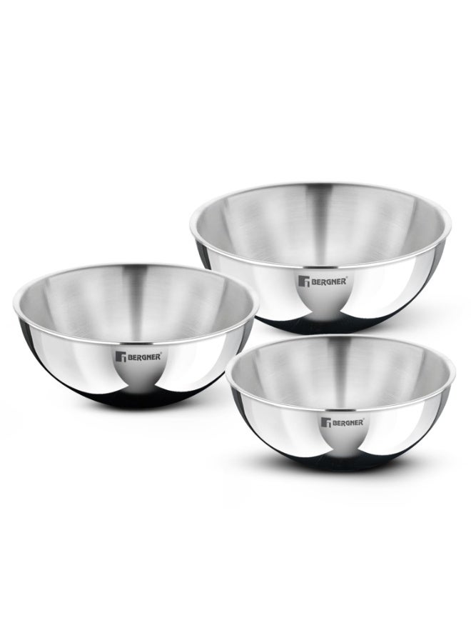 BERGNER Argent TriPly Stainless Steel 3 Pcs Tasra Set - 16cm (900ml), 18cm (1L) and 22cm (2.25L), Consumes Less Oil, Healthy Cooking, Faster and Even Heat Distribution - Induction and Gas Stove Ready - Image 1