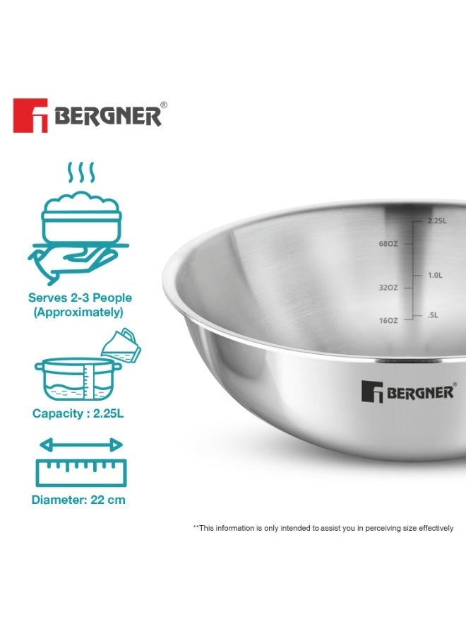 BERGNER Argent TriPly Stainless Steel 3 Pcs Tasra Set - 16cm (900ml), 18cm (1L) and 22cm (2.25L), Consumes Less Oil, Healthy Cooking, Faster and Even Heat Distribution - Induction and Gas Stove Ready - Image 2